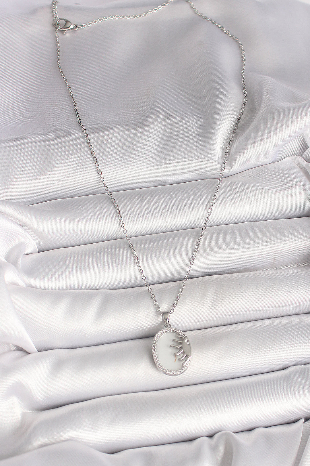 EBJ 316L Stainless Steel Silver Color Chain White Enamel Sunset Model Zircon Stone Detailed Women's Necklace - San Antonio Abad
