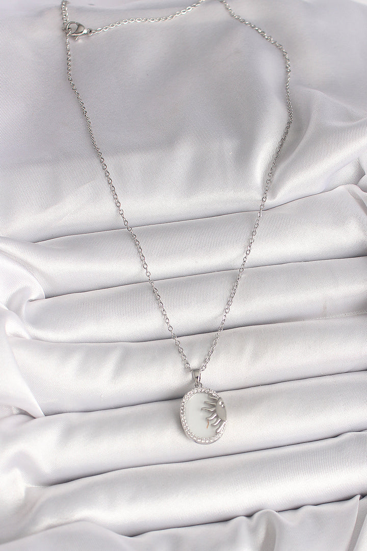 EBJ 316L Stainless Steel Silver Color Chain White Enamel Sunset Model Zircon Stone Detailed Women's Necklace - San Antonio Abad