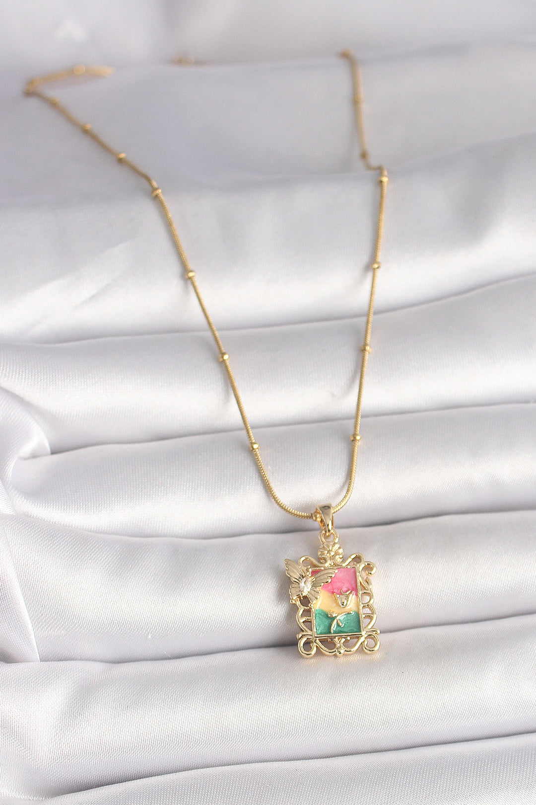 EBJ 316L Steel Gold Color Butterfly Embroidered Portrait Model Women's Necklace with Colorful Zircon Stones - Angers