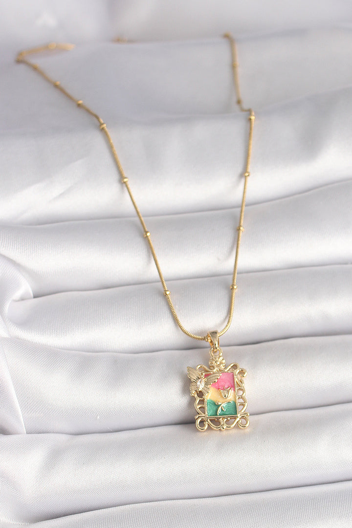 EBJ 316L Steel Gold Color Butterfly Embroidered Portrait Model Women's Necklace with Colorful Zircon Stones - Angers