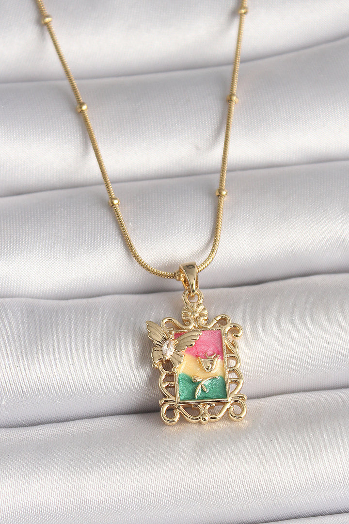 EBJ 316L Steel Gold Color Butterfly Embroidered Portrait Model Women's Necklace with Colorful Zircon Stones - Angers