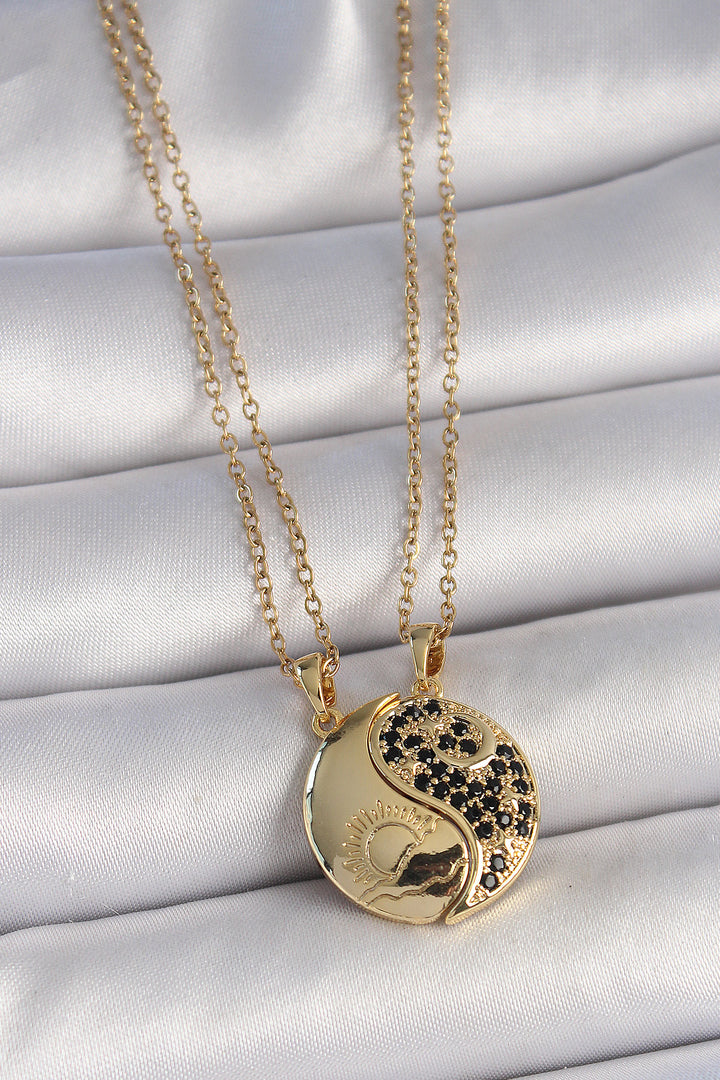 EBJ 316L Steel Gold Color Chain with Zircon Stone Ying Yang Model Sunset Embroidered Friendship Women's Necklace - Ecatepec