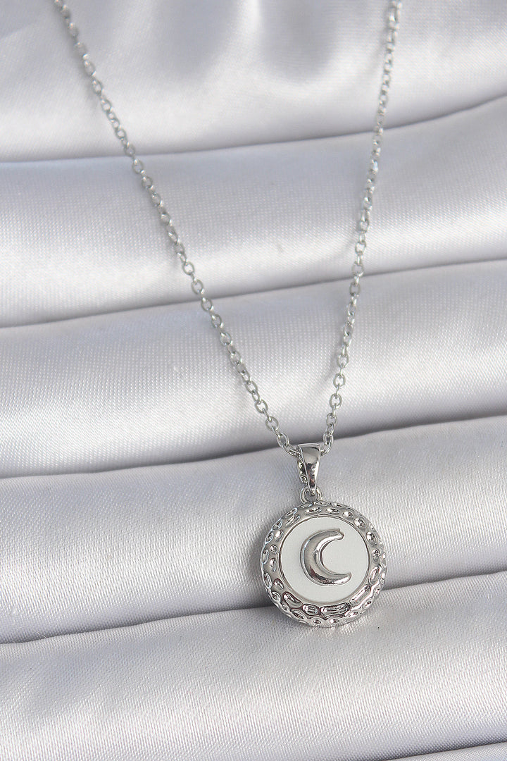 EBJ 316L Stainless Steel Silver Color Chain White Enamel Crescent Embroidered Medal Model Women's Necklace - Poza Rica de Hidalgo