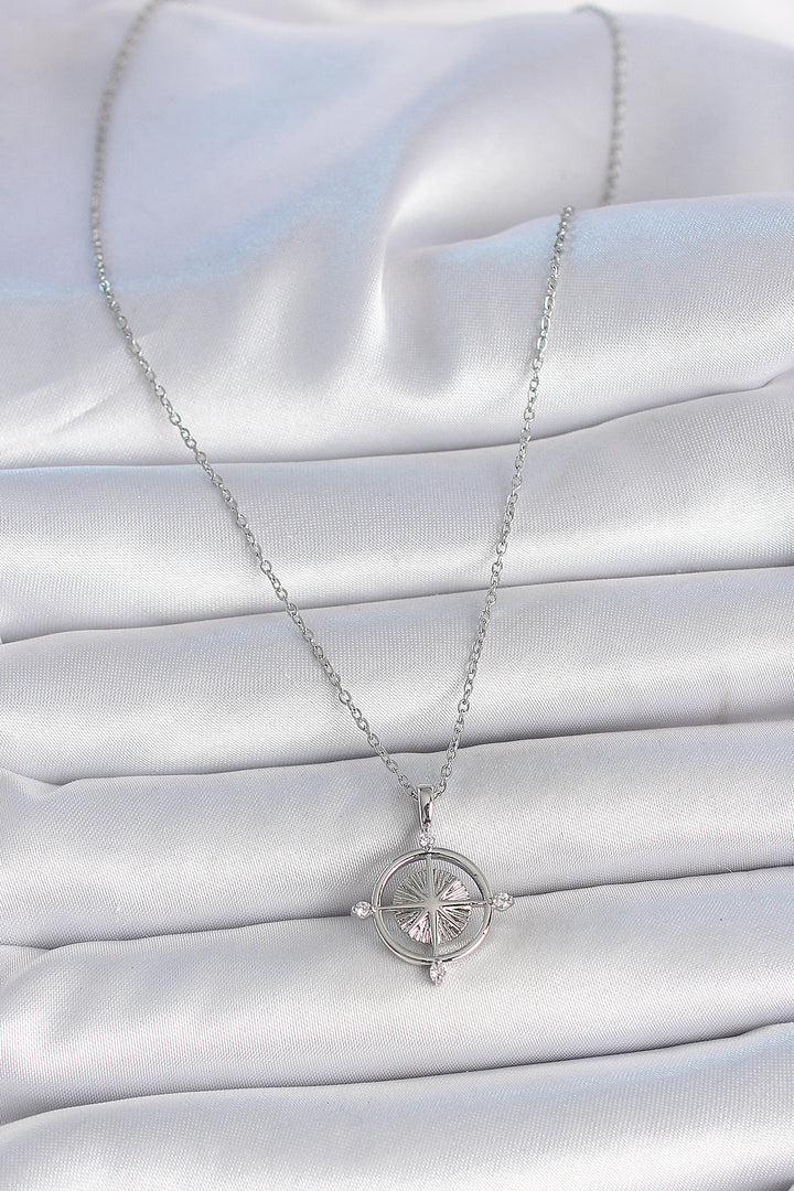 EBJ 316L Stainless Steel Silver Color Chain Compass Model Women's Necklace with Zircon Stone - Hayward