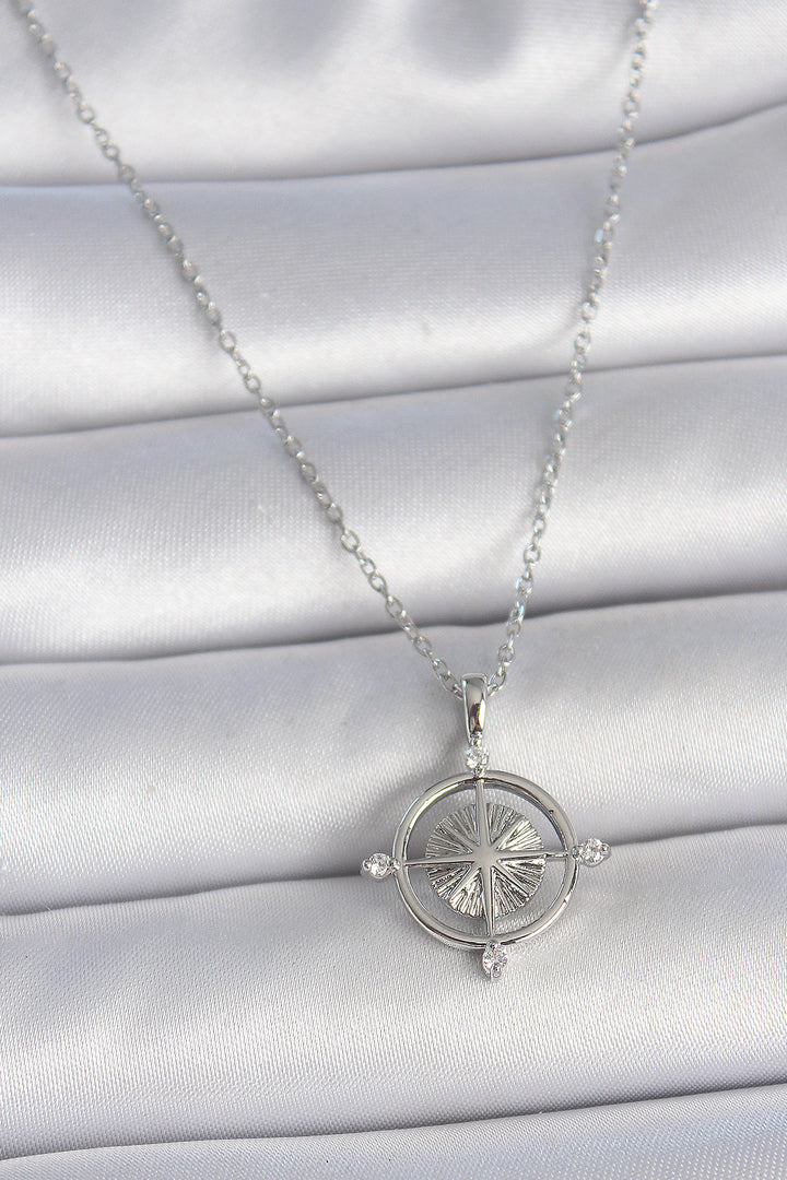 EBJ 316L Stainless Steel Silver Color Chain Compass Model Women's Necklace with Zircon Stone - Hayward