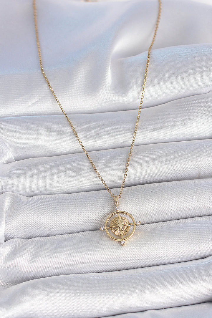 EBJ 316L Steel Gold Color Chain Compass Model Women's Necklace with Zircon Stone - Detroit