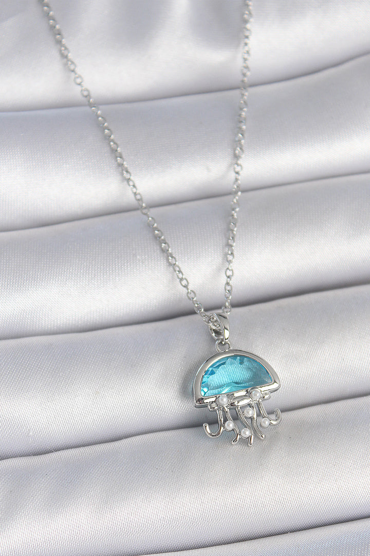 EBJ 316L Stainless Steel Silver Color Chain Blue Stone Jellyfish Model Pearl Detail Women's Necklace - Pervomaisk