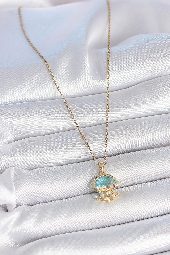 EBJ 316L Steel Gold Color Blue Stone Jellyfish Model Pearl Detail Women's Necklace - Crystal Lake