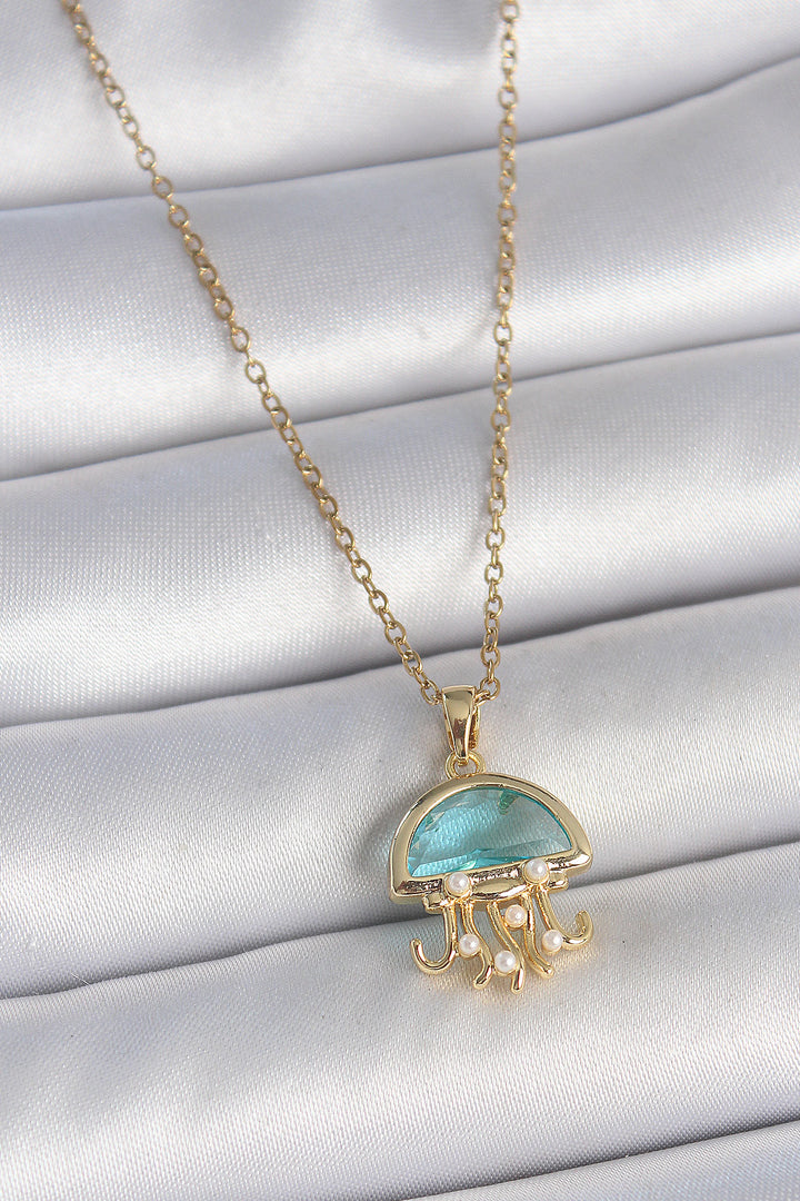 EBJ 316L Steel Gold Color Blue Stone Jellyfish Model Pearl Detail Women's Necklace - Crystal Lake