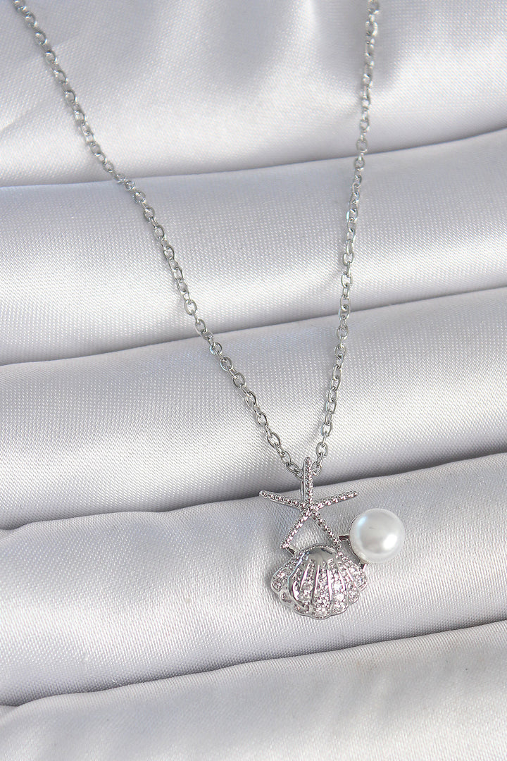 EBJ 316L Stainless Steel Silver Color Chain with Zircon Stone Sea Shell Model Pearl Detail Women's Necklace - Tecate