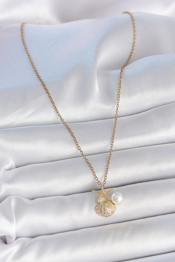 EBJ 316L Steel Gold Color Chain with Zircon Stone Sea Shell Model Pearl Detail Women's Necklace - Tallaght