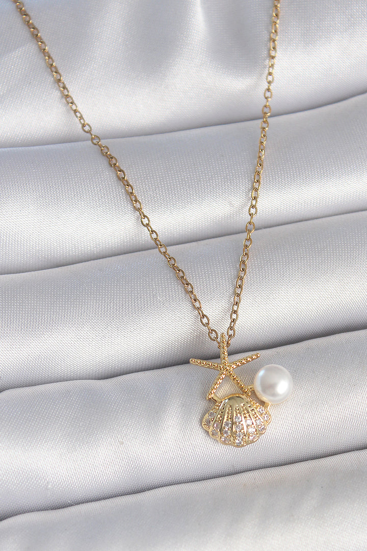 EBJ 316L Steel Gold Color Chain with Zircon Stone Sea Shell Model Pearl Detail Women's Necklace - Tallaght