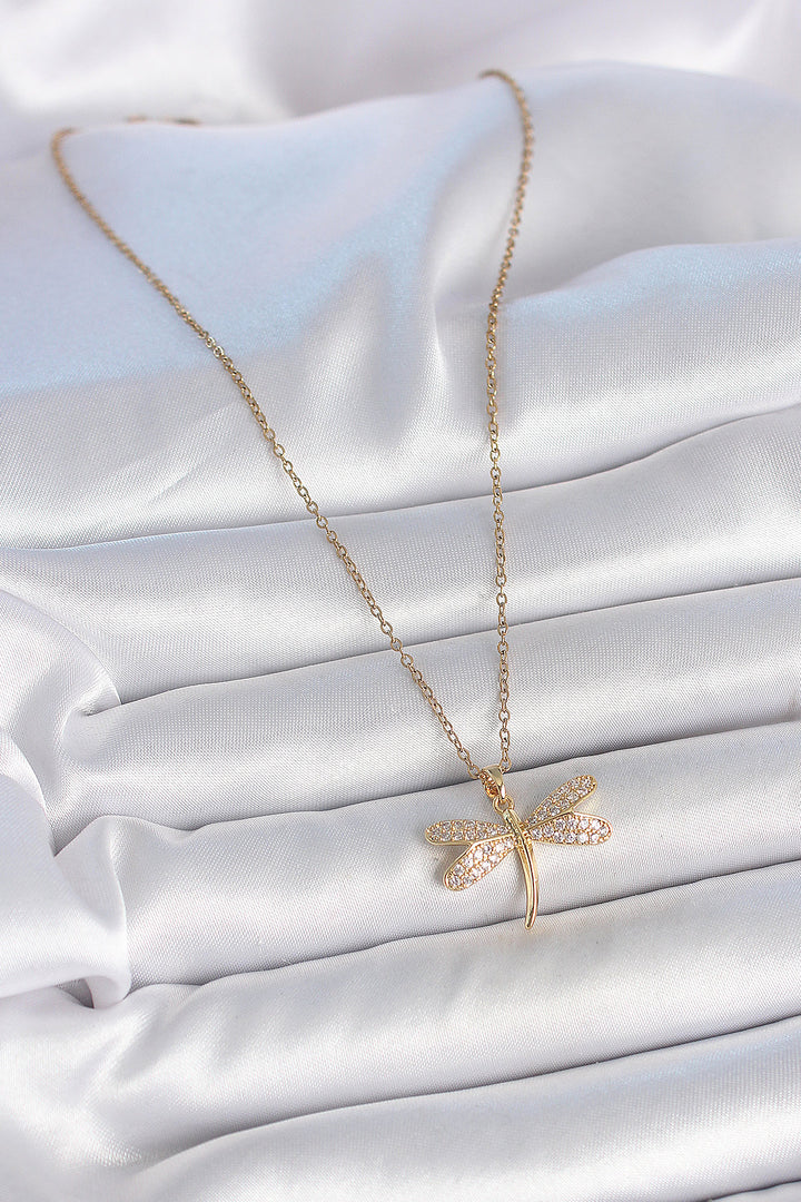 EBJ 316L Steel Gold Color Chain Dragonfly Model Women's Necklace with Zircon Stone - Úbeda