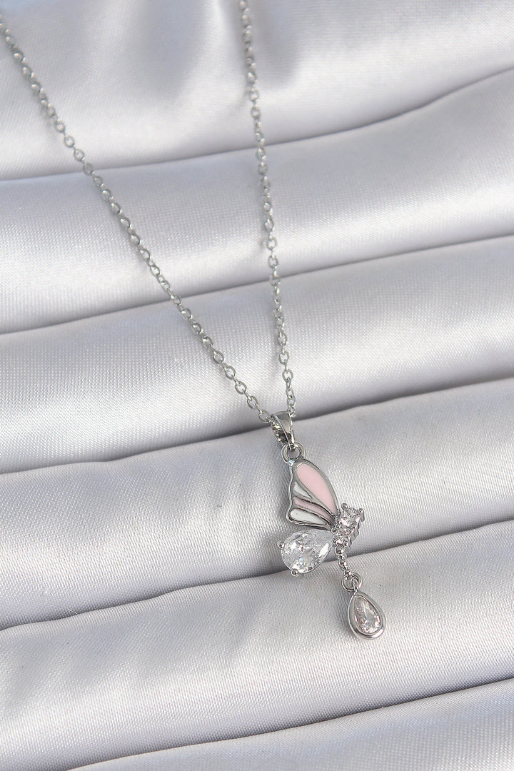 EBJ 316L Stainless Steel Silver Color Chain Drop Zircon Stone Butterfly Model Pendant Detail Women's Necklace - Wesley Chapel
