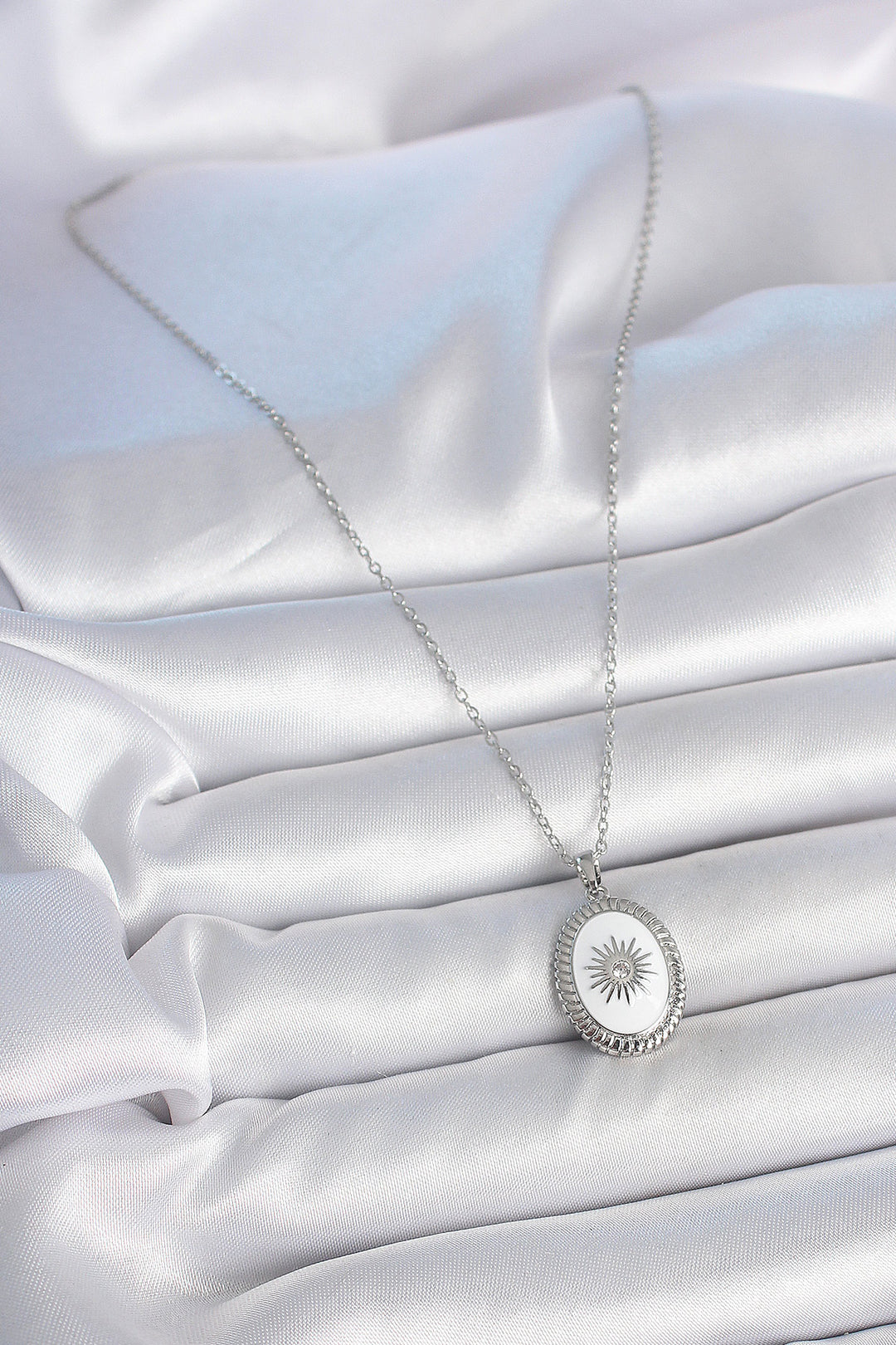 EBJ 316L Stainless Steel Silver Color White Enamel Sun Embroidered Evil Eye Bead Detail Medallion Model Women's Necklace - Hialeah