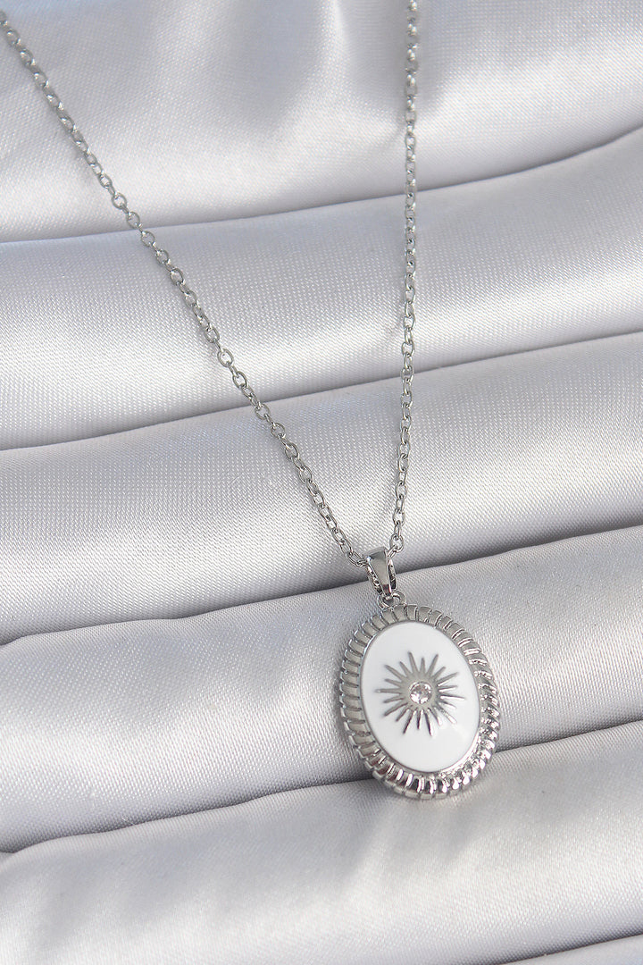 EBJ 316L Stainless Steel Silver Color White Enamel Sun Embroidered Evil Eye Bead Detail Medallion Model Women's Necklace - Hialeah