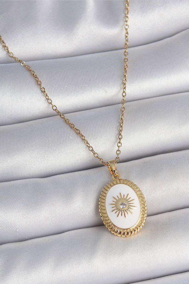 EBJ 316L Steel Gold Color Chain White Enamel Sun Embroidered Zircon Stone Detailed Medal Model Women's Necklace - Nettuno