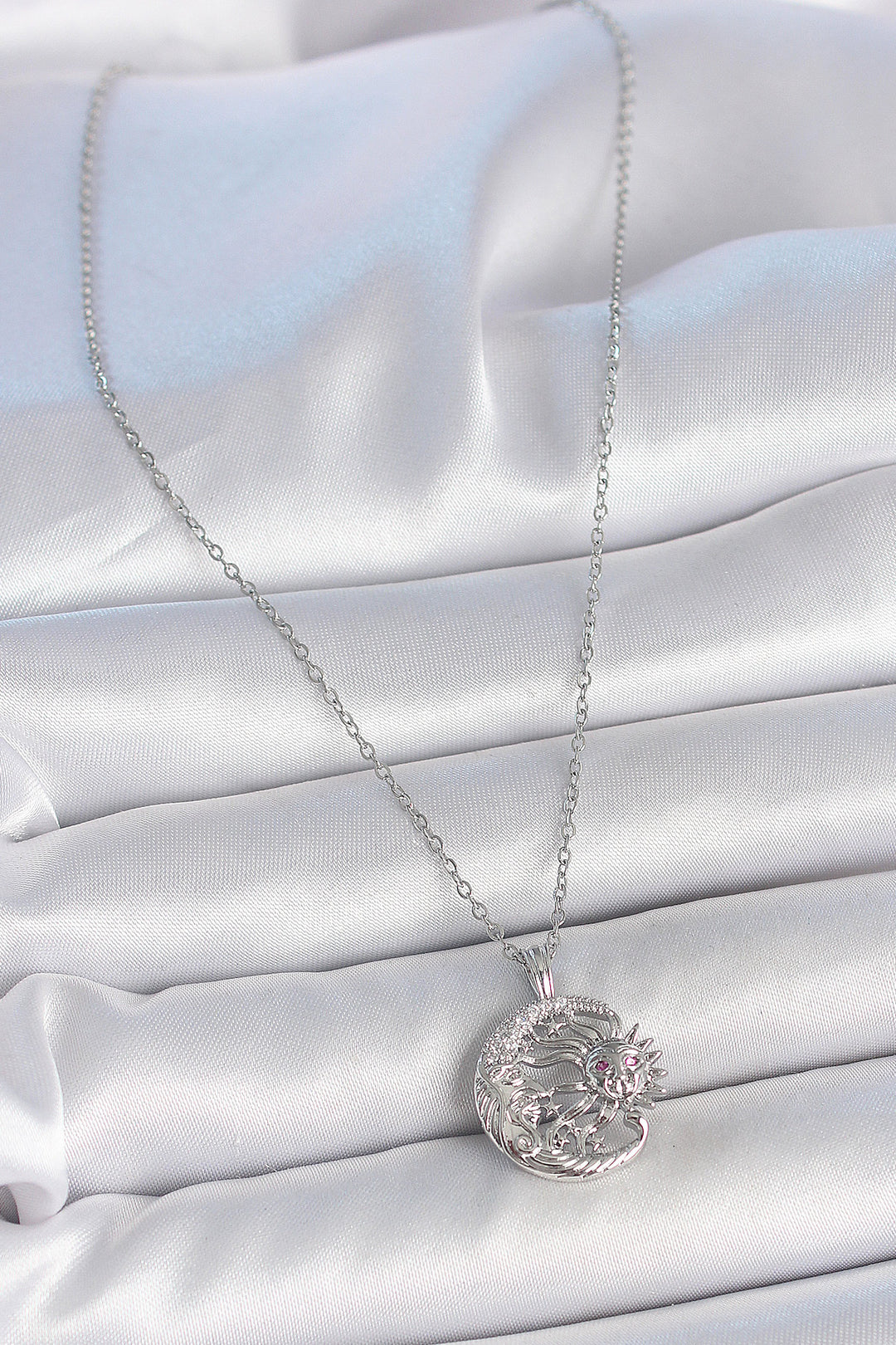 EBJ 316L Stainless Steel Silver Color Chain Sun Moon Model Zircon Stone Detail Women's Necklace - Manalapan