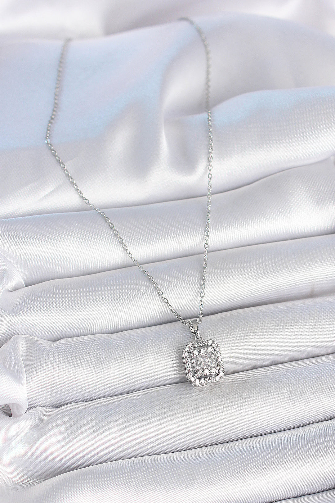 EBJ 316L Stainless Steel Silver Color Chain Square Zircon Stone Women's Necklace - Sydney