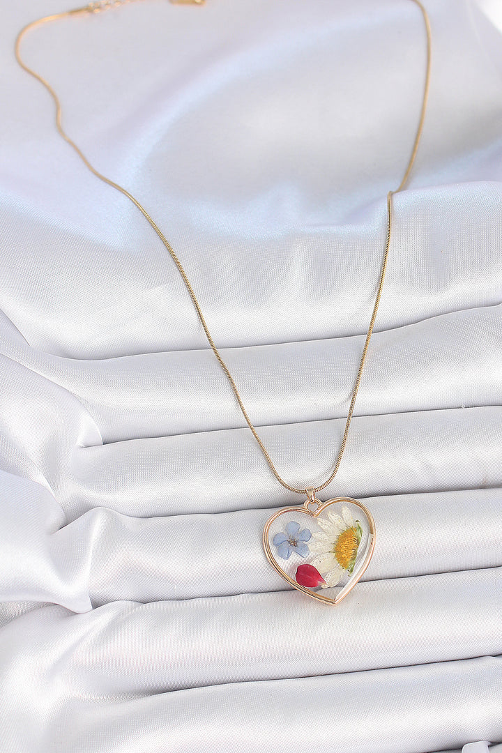 EBJ 316L Steel Gold Color Chain Heart Epoxy Flower Pattern Women Necklace - Pembroke Pines