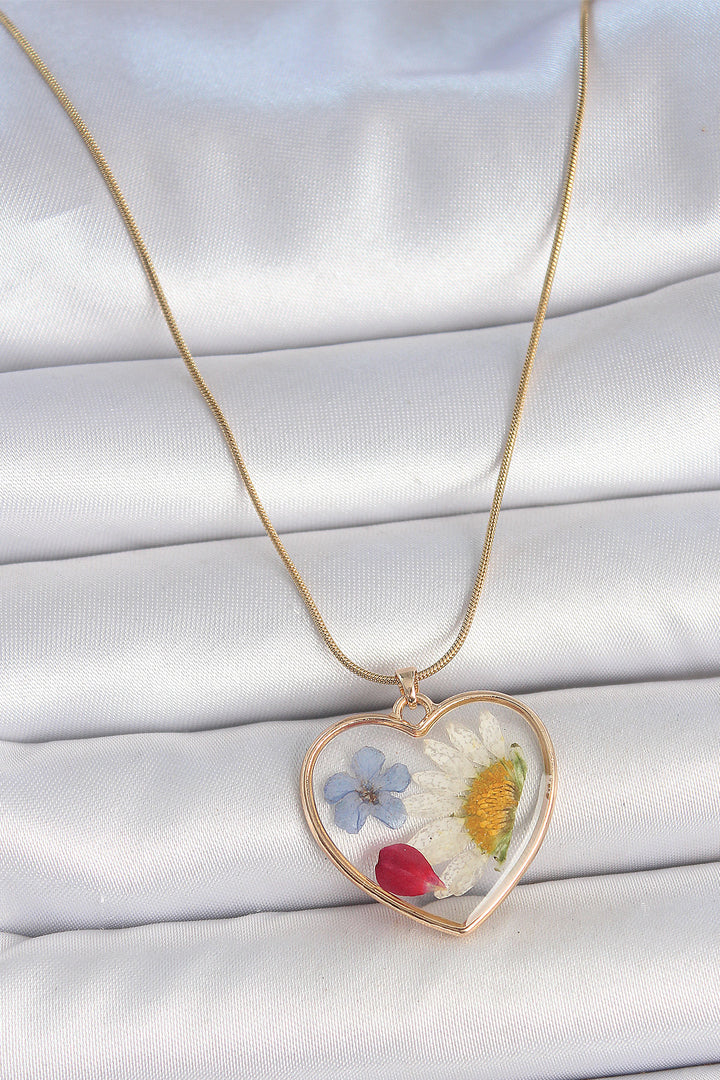 EBJ 316L Steel Gold Color Chain Heart Epoxy Flower Pattern Women Necklace - Pembroke Pines