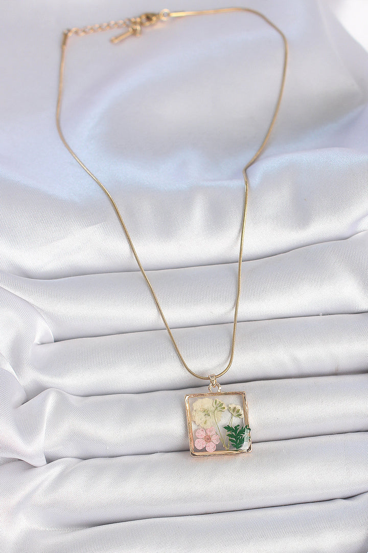 EBJ 316L Steel Gold Color Chain Square Epoxy Flower Pattern Women's Necklace - Ilioúpoli
