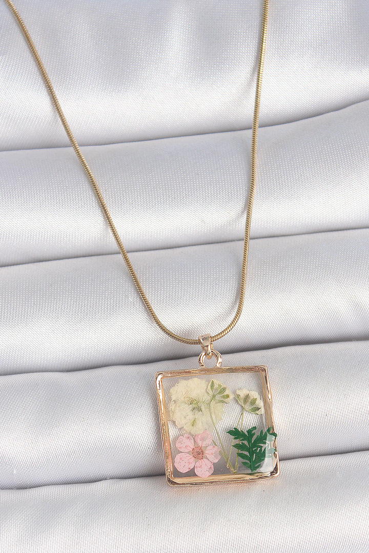 EBJ 316L Steel Gold Color Chain Square Epoxy Flower Pattern Women's Necklace - Ilioúpoli