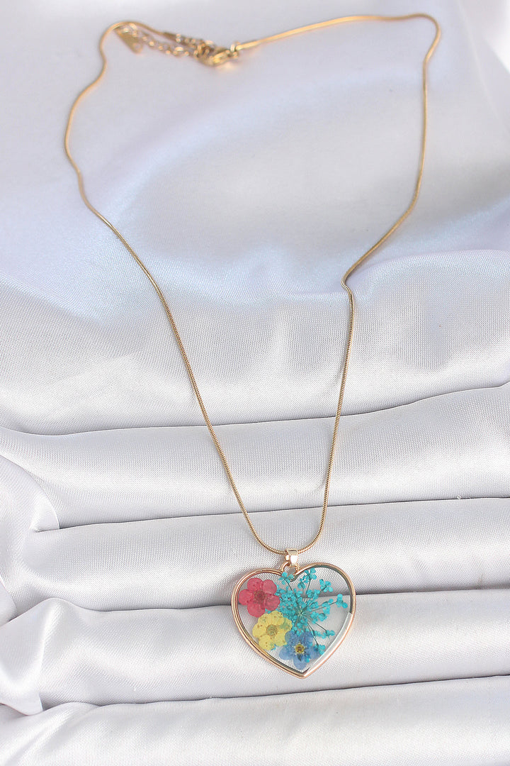 EBJ 316L Steel Gold Color Chain Heart Epoxy Colorful Flower Pattern Women Necklace - Varese