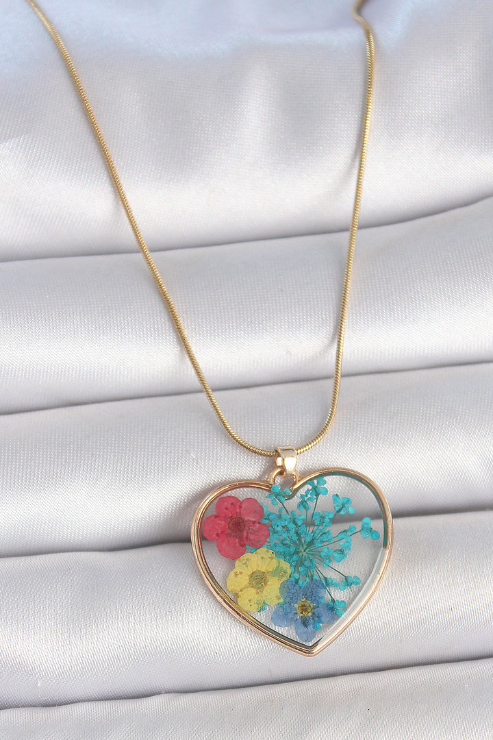 EBJ 316L Steel Gold Color Chain Heart Epoxy Colorful Flower Pattern Women Necklace - Varese