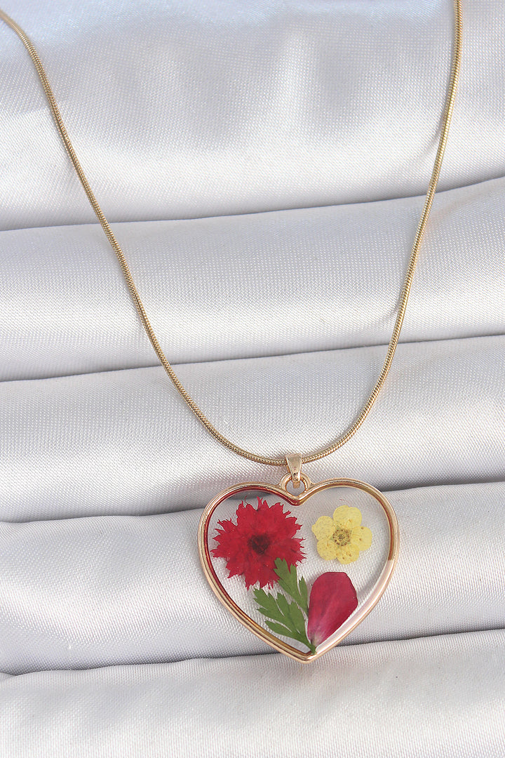 EBJ 316L Steel Gold Color Chain Epoxy Heart Natural Flower Pattern Women Necklace - Fredericton