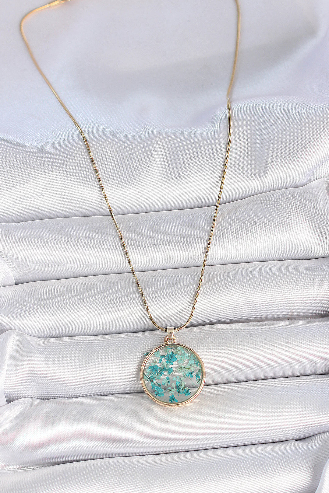EBJ 316L Steel Gold Color Chain Round Epoxy Blue Flower Leaf Pattern Women Necklace - Stratford