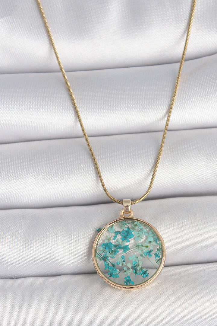 EBJ 316L Steel Gold Color Chain Round Epoxy Blue Flower Leaf Pattern Women Necklace - Stratford