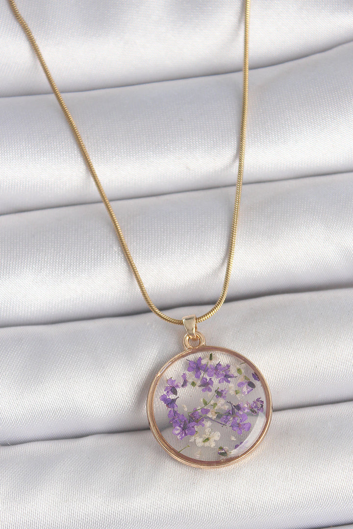 EBJ 316L Steel Gold Color Chain Round Eposki Purple Flower Model Women's Necklace - Neath