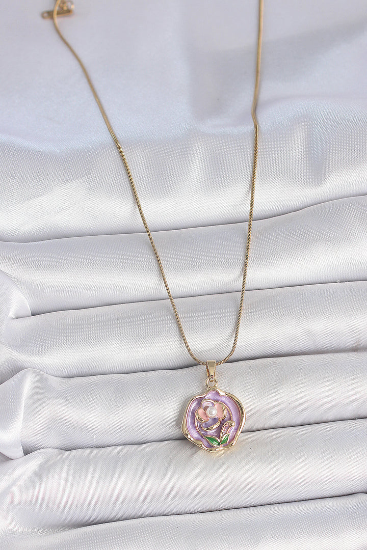 EBJ 316L Steel Gold Color Chain Purple Color Flower Embroidered Pearl Detail Portrait Model Women's Necklace - Carmen