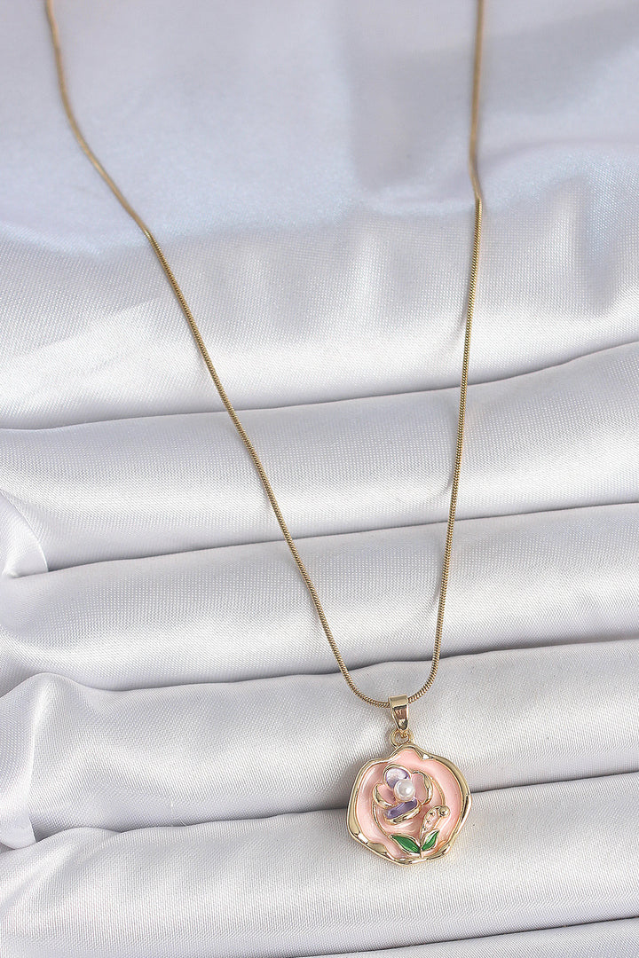 EBJ 316L Steel Gold Color Chain Pink Color Flower Embroidered Pearl Detail Portrait Model Women's Necklace - Clinton