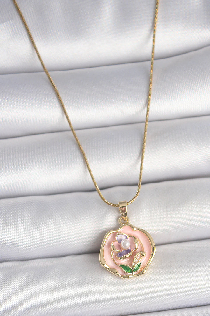 EBJ 316L Steel Gold Color Chain Pink Color Flower Embroidered Pearl Detail Portrait Model Women's Necklace - Clinton