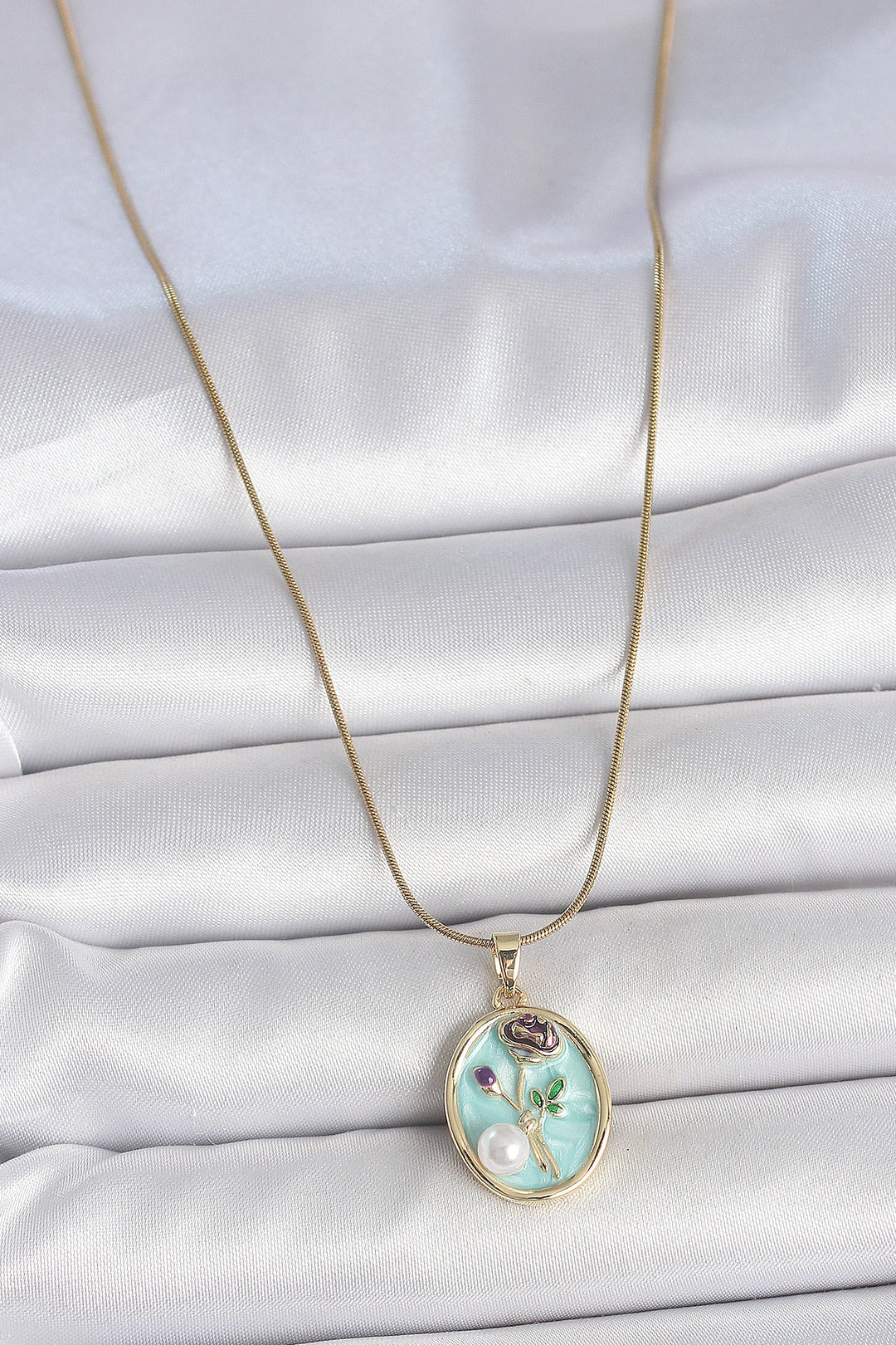 EBJ 316L Steel Gold Color Chain Blue Flower Embroidered Pearl Detail Portrait Model Women's Necklace - Pacifica