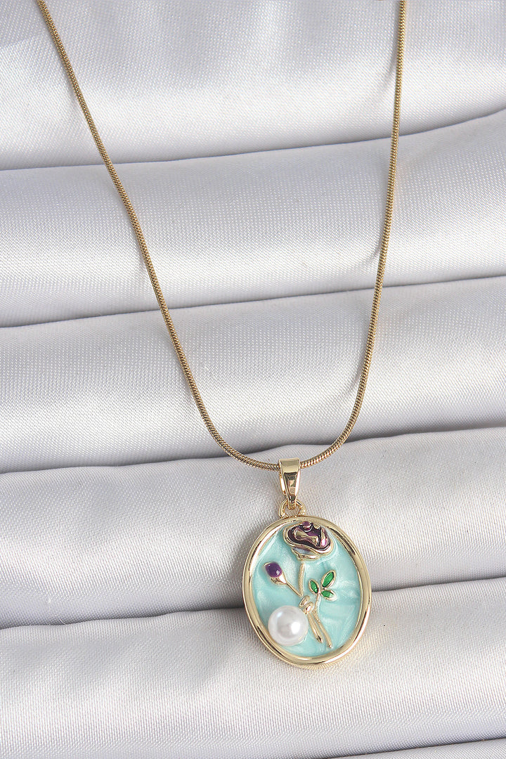 EBJ 316L Steel Gold Color Chain Blue Flower Embroidered Pearl Detail Portrait Model Women's Necklace - Pacifica