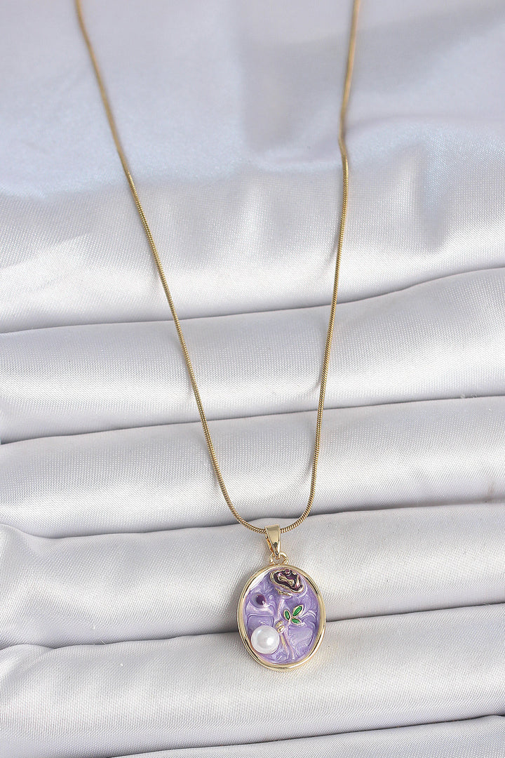EBJ 316L Steel Gold Color Chain Purple Flower Embroidered Pearl Detail Portrait Model Women's Necklace - Brandon