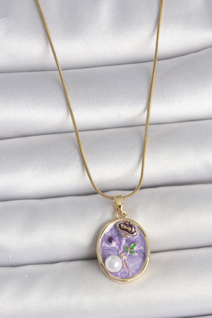 EBJ 316L Steel Gold Color Chain Purple Flower Embroidered Pearl Detail Portrait Model Women's Necklace - Brandon