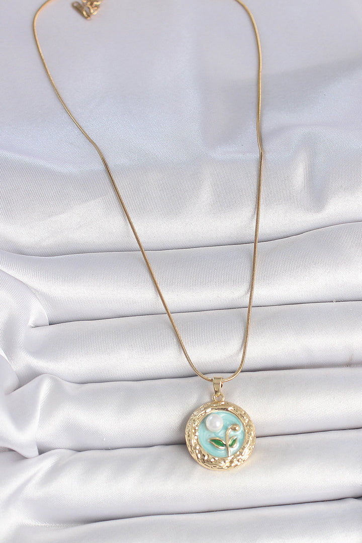 EBJ 316L Steel Gold Color Chain Blue Flower Embellished Pearl Detail Portrait Model Women's Necklace - Gulfport