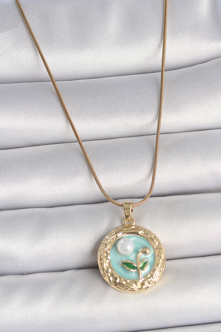 EBJ 316L Steel Gold Color Chain Blue Flower Embellished Pearl Detail Portrait Model Women's Necklace - Gulfport