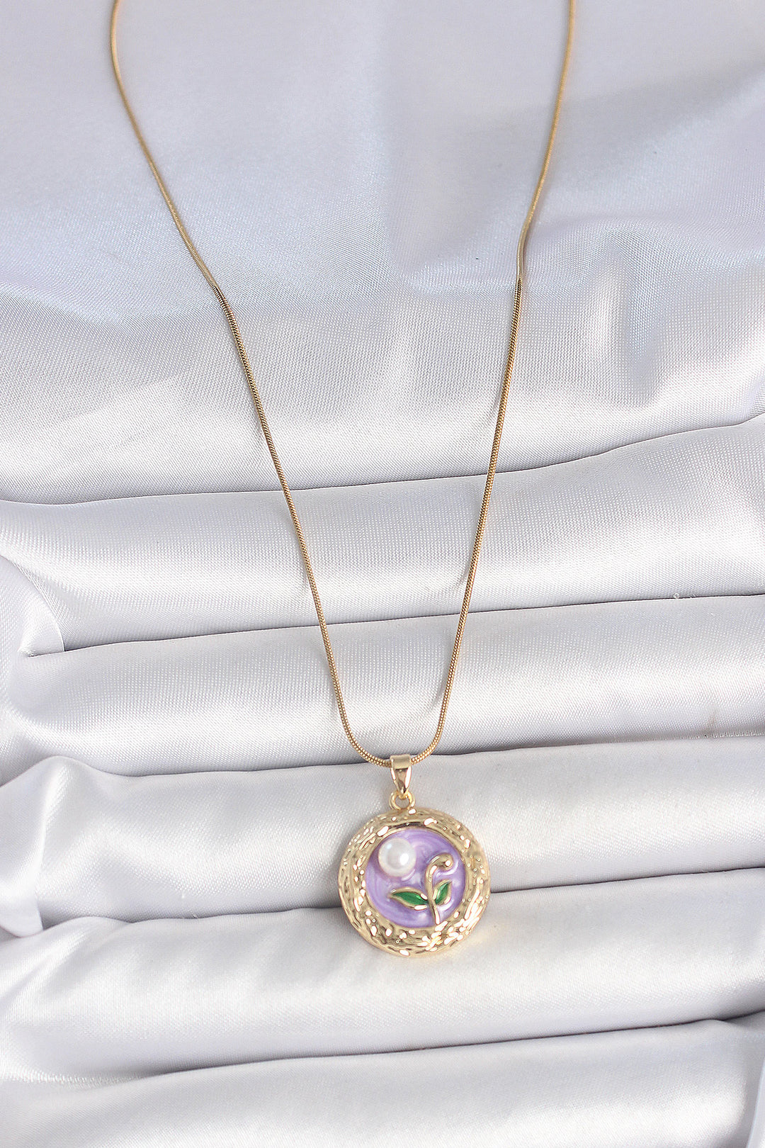EBJ 316L Steel Gold Color Chain Purple Flower Embroidered Pearl Detail Portrait Model Women's Necklace - Longview