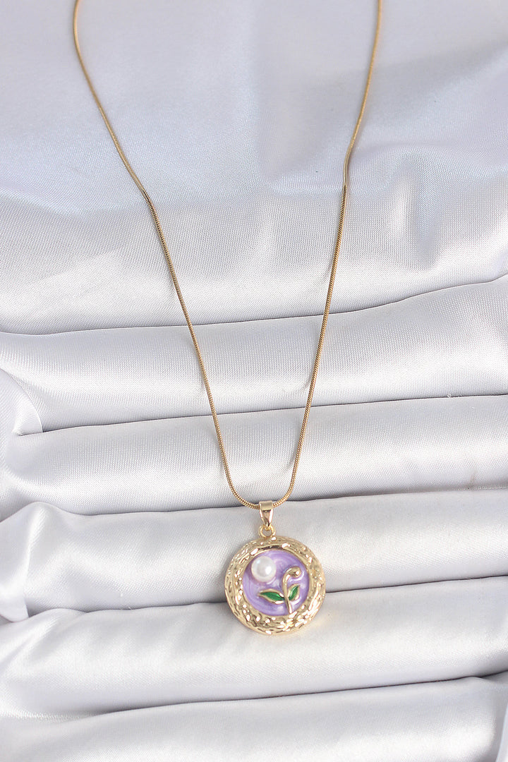 EBJ 316L Steel Gold Color Chain Purple Flower Embroidered Pearl Detail Portrait Model Women's Necklace - Longview