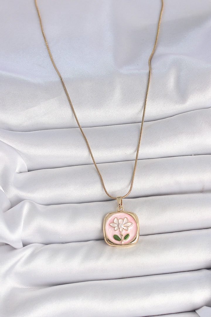 EBJ 316L Steel Gold Color Chain Pink Daisy Embroidered Pearl Detail Women's Necklace - Durham