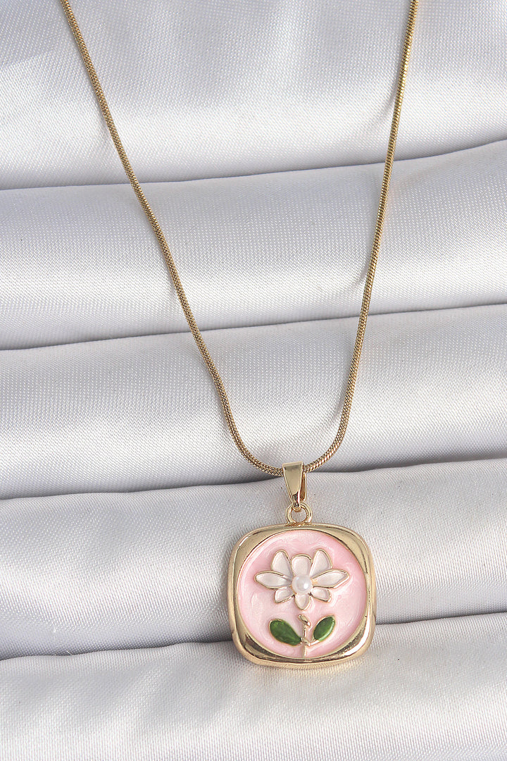 EBJ 316L Steel Gold Color Chain Pink Daisy Embroidered Pearl Detail Women's Necklace - Durham