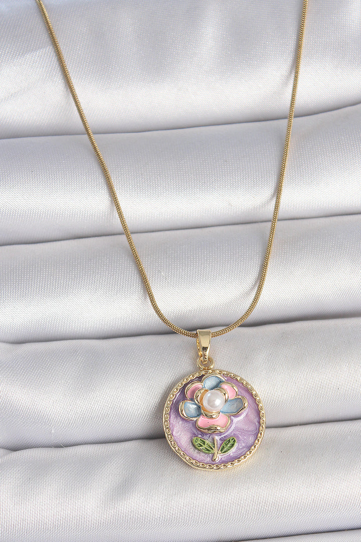 EBJ 316L Steel Gold Color Chain Purple Flower Embroidered Pearl Portrait Model Detail Women's Necklace - Sherbrooke