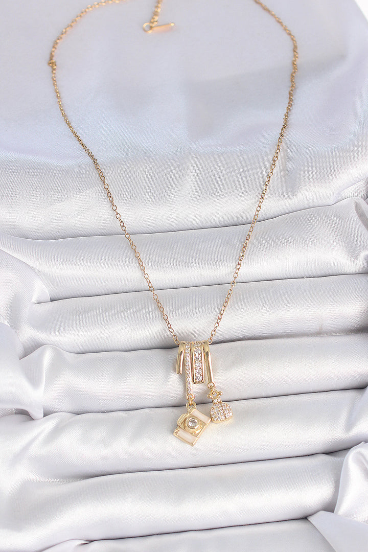 EBJ 316L Steel Gold Color Zircon Stone Pendant Camera Figure Charm Women's Necklace - Almere