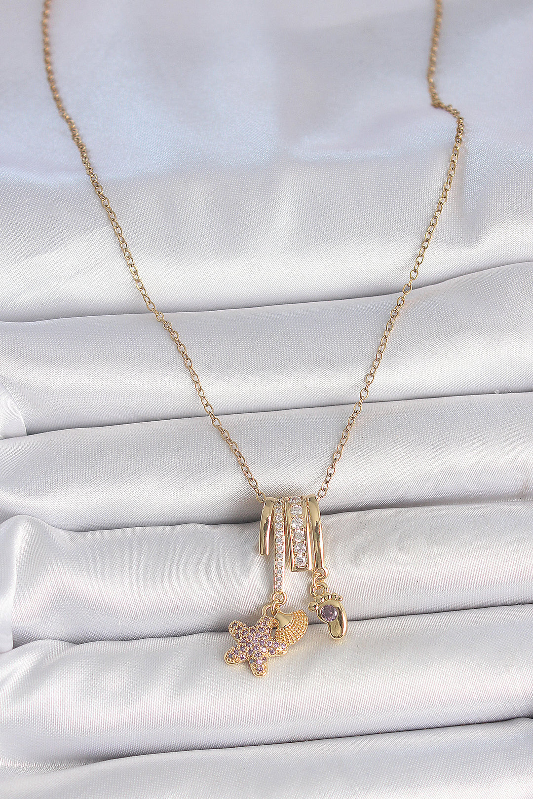 EBJ 316L Steel Gold Color Dangling Zircon Stone Purple Stone Bear Figure Charm Women's Necklace - San Felipe del Progreso