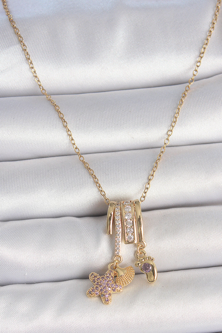 EBJ 316L Steel Gold Color Dangling Zircon Stone Purple Stone Bear Figure Charm Women's Necklace - San Felipe del Progreso